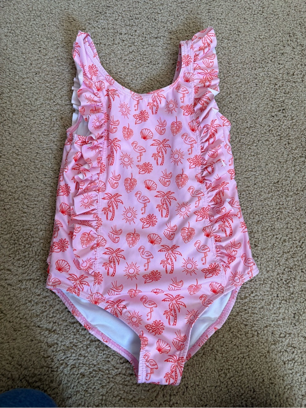 Andy & Evan Pink One-Piece Swimsuit with Red Tropical Print and Ruffle Trim